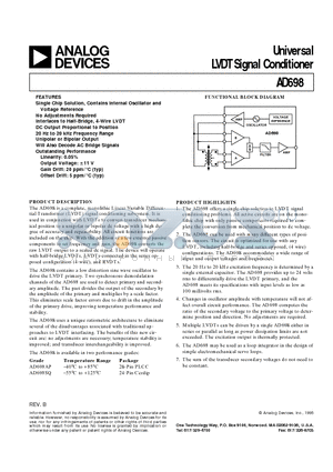 AD698APZ datasheet - Universal LVDT Signal Conditioner