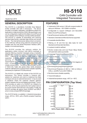 HI-5111PSIF datasheet - CAN Controller with Integrated Transceiver