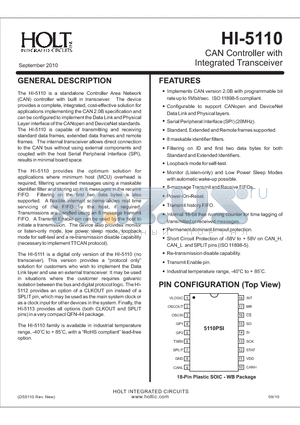 HI-5112PSI datasheet - CAN Controller with Integrated Transceiver