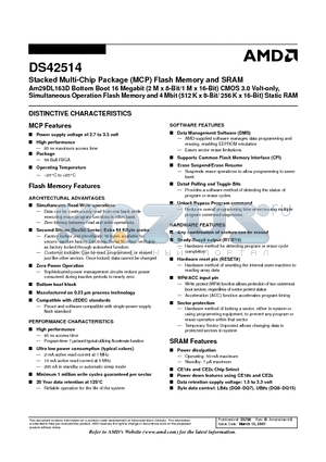 DS42514 datasheet - Stacked Multi-Chip Package (MCP) Flash Memory and SRAM