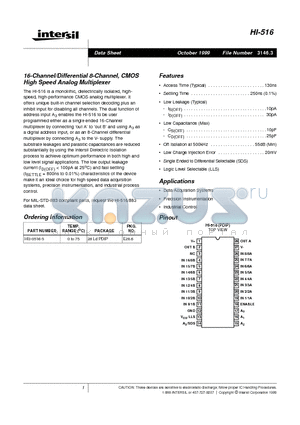 HI-516 datasheet - 16-Channel/Differential 8-Channel, CMOS High Speed Analog Multiplexer