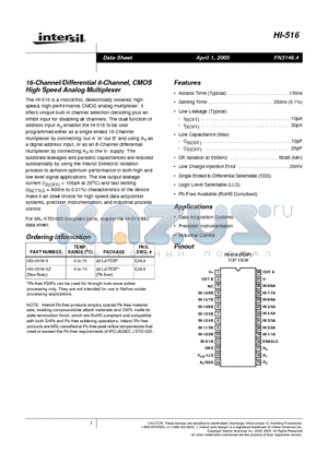 HI-516 datasheet - 16-Channel/Differential 8-Channel, CMOS High Speed Analog Multiplexer