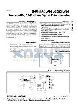 DS4301 datasheet - Nonvolatile, 32-Position Digital Potentiometer