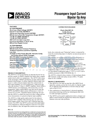 AD705BQ datasheet - Picoampere Input Current Bipolar Op Amp