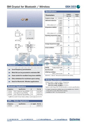 GSX333 datasheet - SM crystal for Bluetooth / Wireless