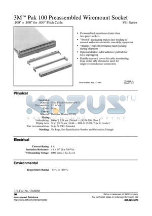 89114-0001HA datasheet - 3M Pak 100 Preassembled Wiremount Socket
