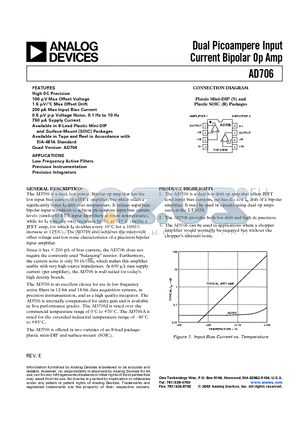 AD706AR-REEL datasheet - Dual Picoampere Input Current Bipolar Op Amp