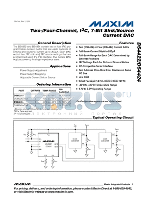 DS4422N+ datasheet - Two-/Four-Channel, I2C, 7-Bit Sink/Source Current DAC