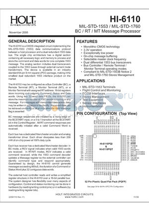 HI-6110PQTF datasheet - MIL-STD-1553 / MIL-STD-1760 BC / RT / MT Message Processor