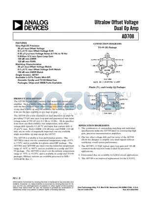 AD708BH datasheet - Ultralow Offset Voltage Dual Op Amp