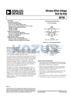 AD708BQ datasheet - Ultralow Offset Voltage Dual Op Amp
