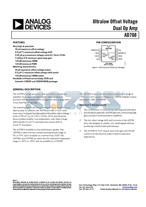 AD708JNZ datasheet - Ultralow Offset Voltage Dual Op Amp