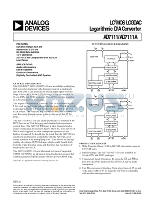 AD7111ABN datasheet - LC2MOS LOGDAC Logarithmic D/A Converter