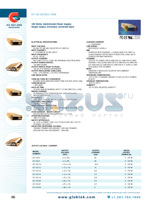GT-100-24 datasheet - 100 Watts, Switchmode Power Supply, Single Output, Enclosed, Universal Input