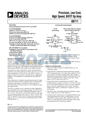 AD711KR-REEL7 datasheet - Precision, Low Cost, High Speed, BiFET Op Amp