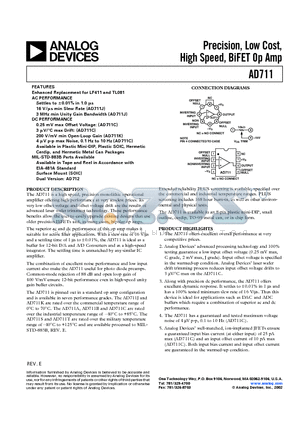 AD711JN datasheet - Precision, Low Cost, High Speed, BiFET Op Amp