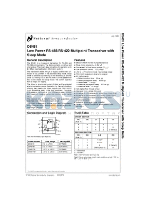 DS481M datasheet - Low Power RS-485/RS-422 Multipoint Transceiver with Sleep Mode