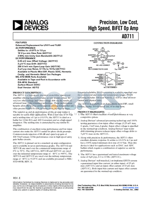 AD711JR-REEL datasheet - Precision, Low Cost, High Speed, BiFET Op Amp