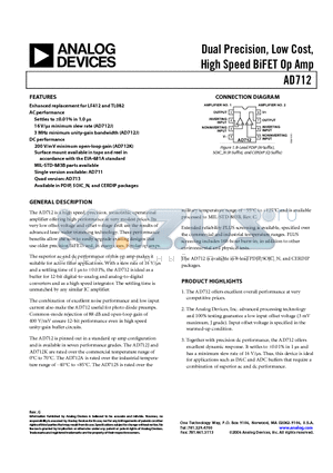 AD712JR datasheet - Dual Precision, Low Cost, High Speed BiFET Op Amp