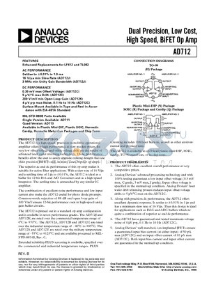 AD712CN datasheet - Dual Precision, Low Cost, High Speed, BiFET Op Amp