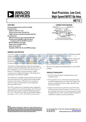 AD712KR-REEL7 datasheet - Dual Precision, Low Cost, High Speed BiFET Op Amp
