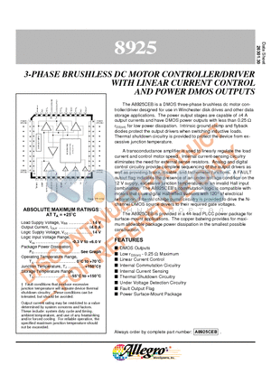 8925 datasheet - 3-PHASE BRUSHLESS DC MOTOR CONTROLLER/DRIVER WITH LINEAR CURRENT CONTROL AND POWER DMOS OUTPUTS