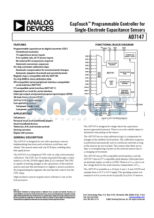 AD7147ACPZ-1500RL7 datasheet - CapTouch Programmable Controller for Single-Electrode Capacitance Sensors