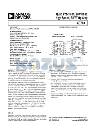 AD713KN datasheet - Quad Precision, Low Cost, High Speed, BiFET Op Amp