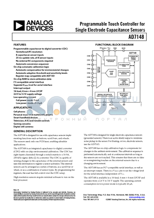 AD7148 datasheet - Programmable Touch Controller for Single Electrode Capacitance Sensors