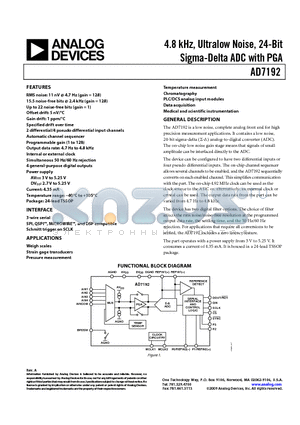 AD7192 datasheet - 4.8 kHz, Ultralow Noise, 24-Bit Sigma-Delta ADC with PGA