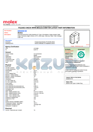 89485-8100 datasheet - Universal Serial Bus (USB) Shielded I/O Type A Receptacle, Single Upright, Right Angle, Terminal Length 2.00mm (.079), With Mylar, Gold (Au) Flash, Tube Package