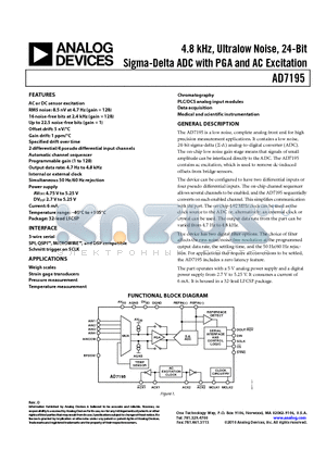 AD7195BCPZ datasheet - 4.8 kHz, Ultralow Noise, 24-Bit Sigma-Delta ADC with PGA and AC Excitation