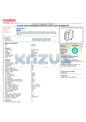 89485-8102 datasheet - Universal Serial Bus (USB) Shielded I/O Type A Receptacle, Single Upright, Right Angle, Terminal Length 2.50mm (.098), With Mylar, Gold (Au) Flash, Tube Package Lead Free