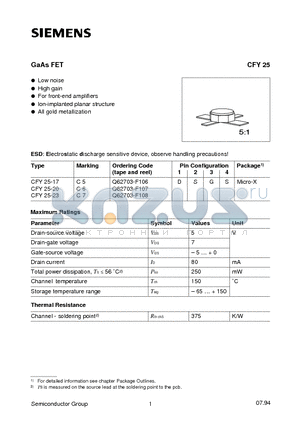 CFY25-17 datasheet - GaAs FET (Low noise High gain For front-end amplifiers lon-implanted planar structure All gold metallization)