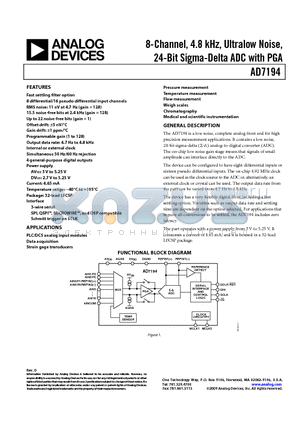 AD7194BCPZ-REEL datasheet - 8-Channel, 4.8 kHz, Ultralow Noise, 24-Bit Sigma-Delta ADC with PGA