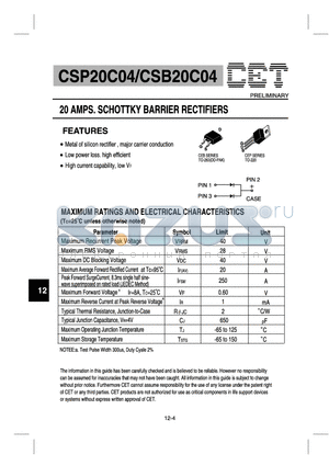 CSP20C04 datasheet - 20 AMPS. SCHOTTKY BARRIER RECTIFIERS