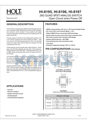 HI-8196PDTF datasheet - 28 QUAD SPST ANALOG SWITCH Open Circuit when Power Off