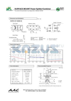 CSP3157-2600-G datasheet - SURFACE MOUNT Power Splitter/Combiner