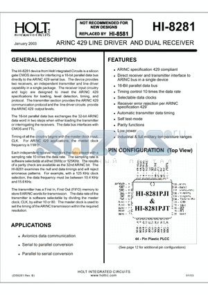 HI-8281PJI datasheet - ARINC 429 LINE DRIVER AND DUAL RECEIVER