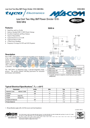 DS52-0004-RTR datasheet - Low Cost Two-Way SMT Power Diveder 1510-1660MHz