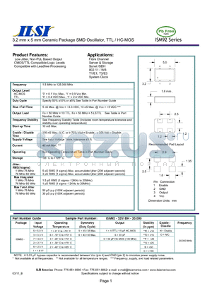 ISM92-2161EH-20.000 datasheet - 3.2 mm x 5 mm Ceramic Package SMD Oscillator, TTL / HC-MOS