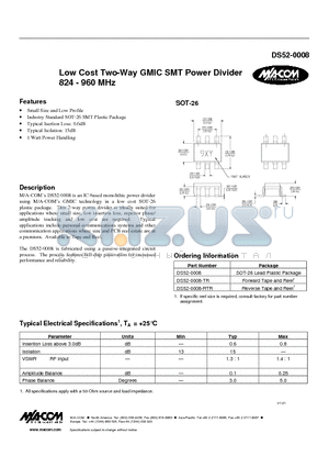 DS52-0008-TR datasheet - Low Cost Two-Way GMIC SMT Power Divider 824 - 960 MHz