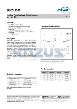 DS53-0001 datasheet - Low Cost Three Way Power Splitter/Combiner 824 - 960 MHz