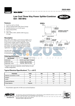 DS53-0001-TR datasheet - Low Cost Three Way Power Splitter/Combiner 824 - 960 MHz