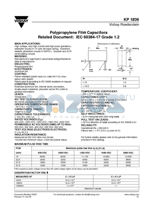 KP1836-134-V datasheet - Polypropylene Film Capacitors Related Document: IEC 60384-17 Grade 1.2