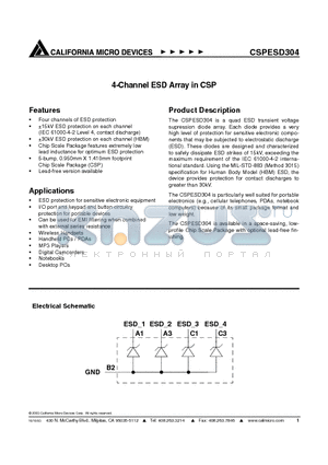 CSPESD304 datasheet - The CSPESD304 is a quad ESD transient voltage supression diode array.