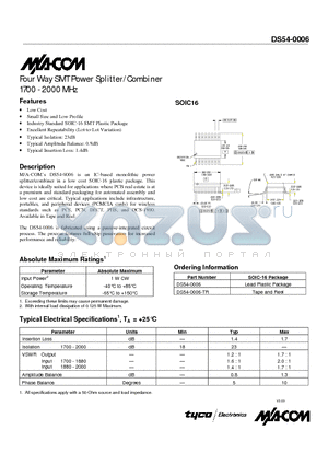 DS54-0006 datasheet - Four Way SMT Power Splitter/Combiner 1700 - 2000 MHz