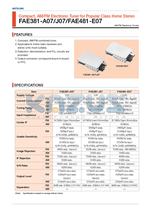 FAE381-A07 datasheet - Compact, AM/FM Electronic Tuner for Popular Class Home Stereo