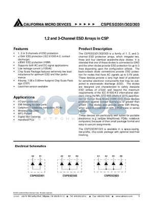 CSPESD301G datasheet - 1,2 and 3-Channel ESD Arrays in CSP