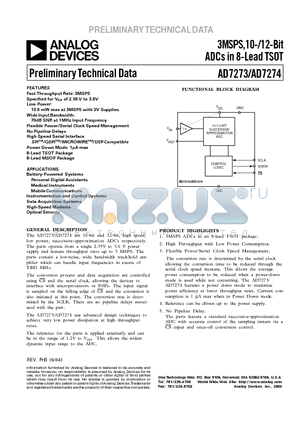 AD7274BUJ-REEL datasheet - 3MSPS,10-/12-Bit ADCs in 8-Lead TSOT